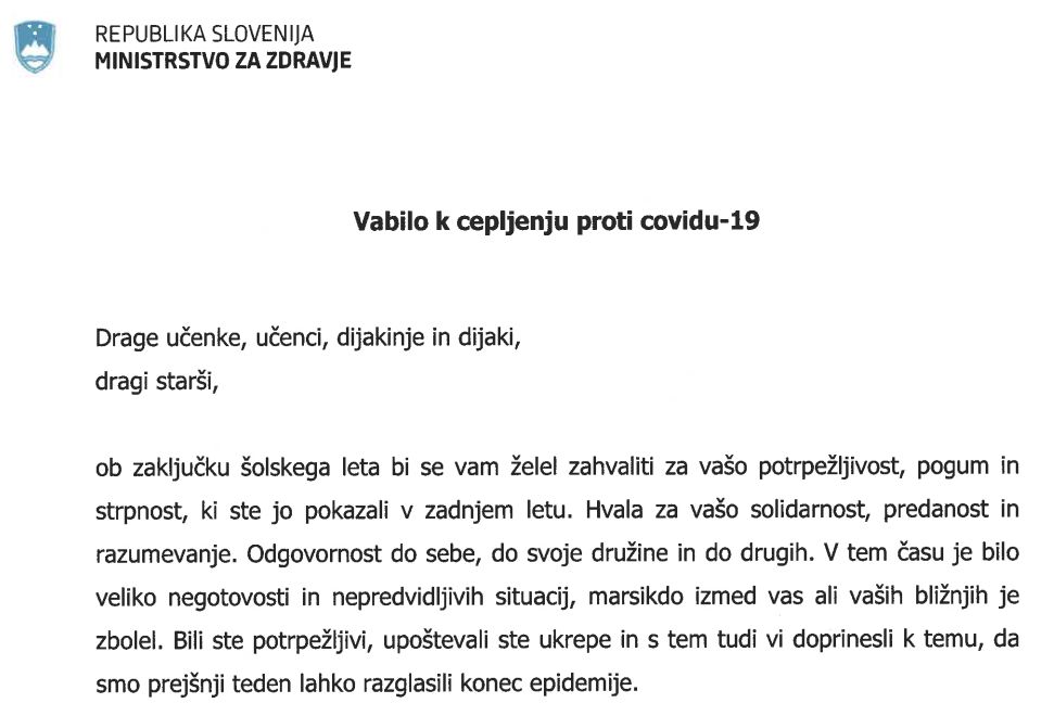 Vabilo k cepljenju proti covidu-19